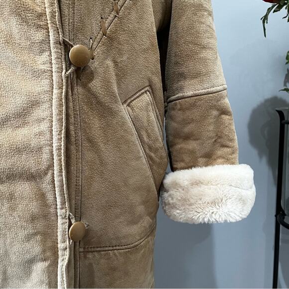VINTAGE Charles Klein Suede Sherpa Hooded Longline Whipstitch Winter Car Coat XS - Picture 11 of 16